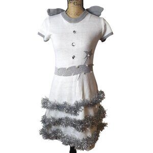 White & Silver Holiday Knit Dress with Tinsel Trim